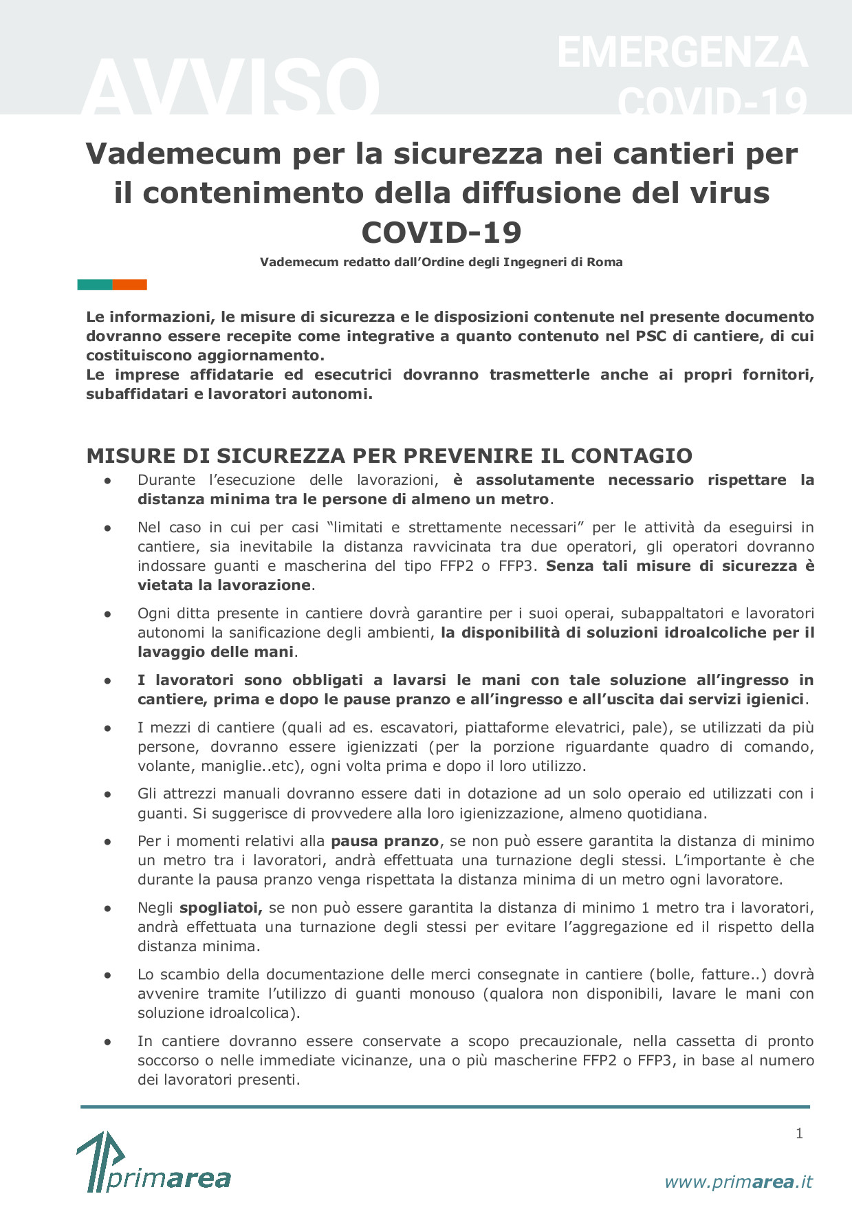 Vademecum per la sicurezza nei cantieri per il contenimento della diffusione del virus COVID-19